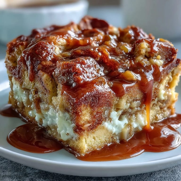 A spoon shows the rich custard texture of Caramel Apple Cheesecake Bread Pudding, with tender apple chunks and cream cheese swirls.