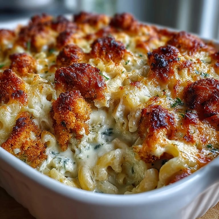 A close-up of creamy, pesto-marinated chicken layered in mac and cheese, served as a comforting main dish.