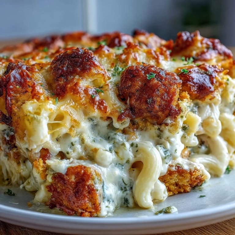 Italian-inspired baked mac and cheese with tender chicken and golden parmesan crumb topping, fresh basil garnish.