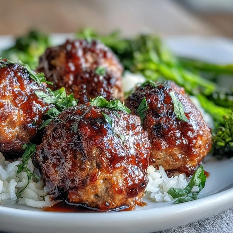 Tender ground turkey meatballs coated in sticky honey garlic glaze served with jasmine rice and blanched broccoli florets.