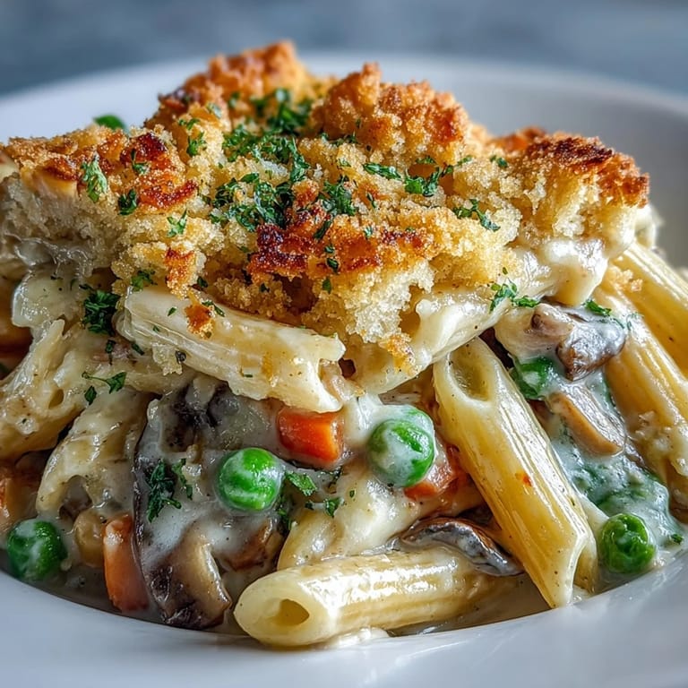 Rich and creamy veggie pot pie pasta served hot from the oven, featuring a savory medley of vegetables and herbs.