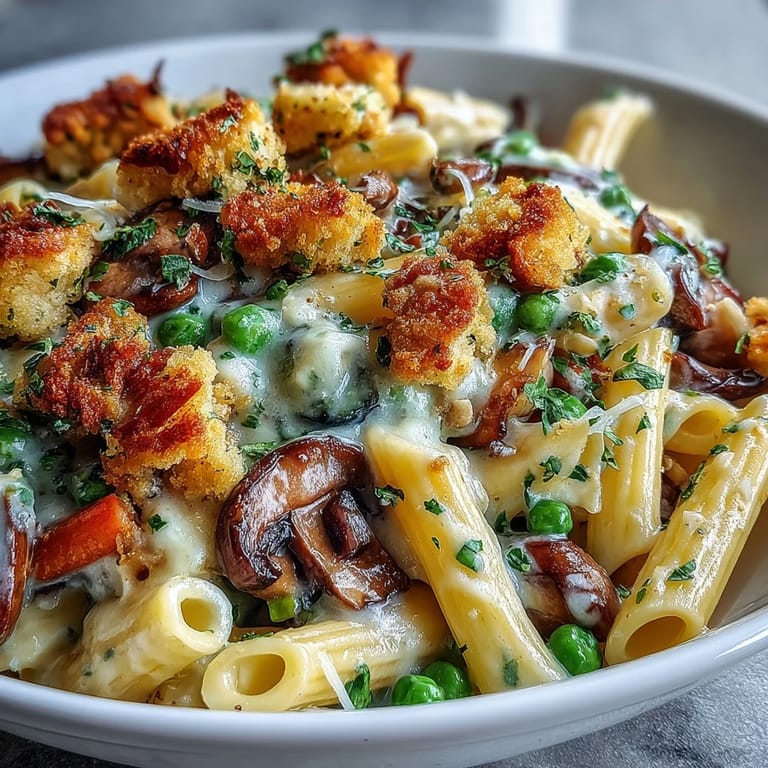 A close-up of cheesy, creamy veggie pot pie pasta topped with flaky biscuit crumbs, ready to be scooped and served.