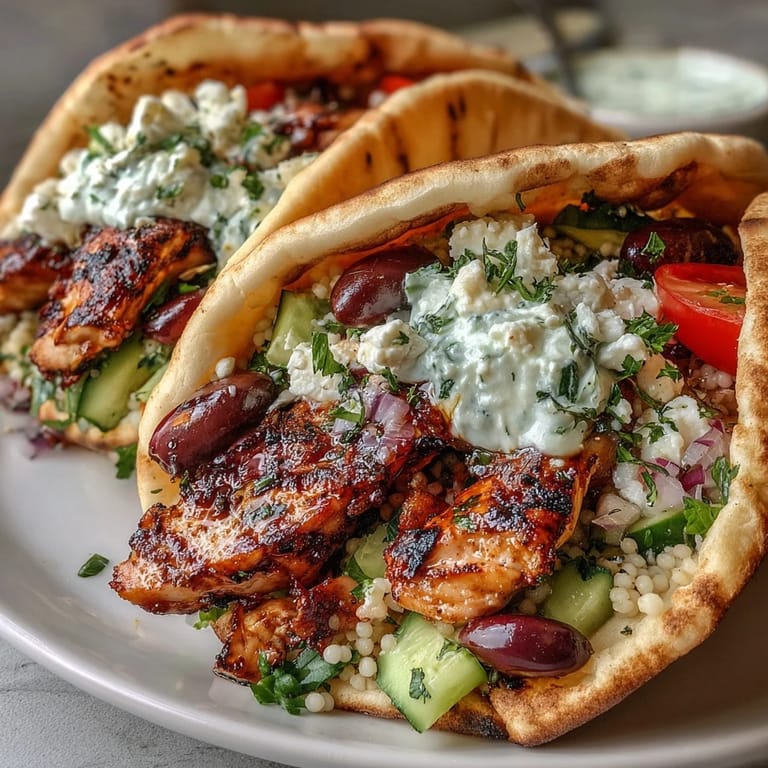 Golden pita pockets are stuffed with lemon-marinated chicken, crumbled feta, and creamy tzatziki sauce.