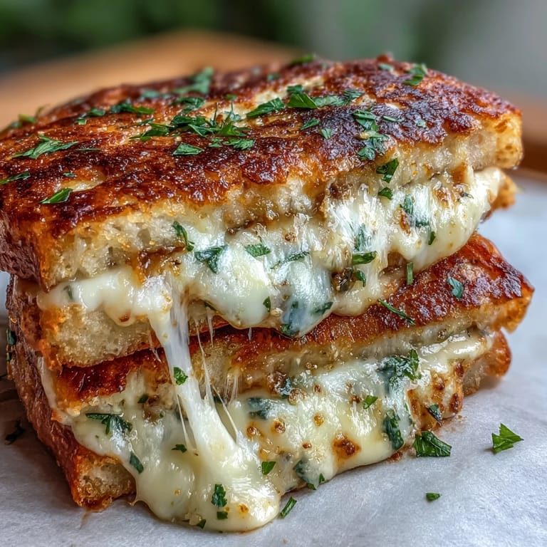 A warm Brown Butter Garlic Naan Grilled Cheese sandwich with fresh herbs beside a small bowl of tomato chutney.