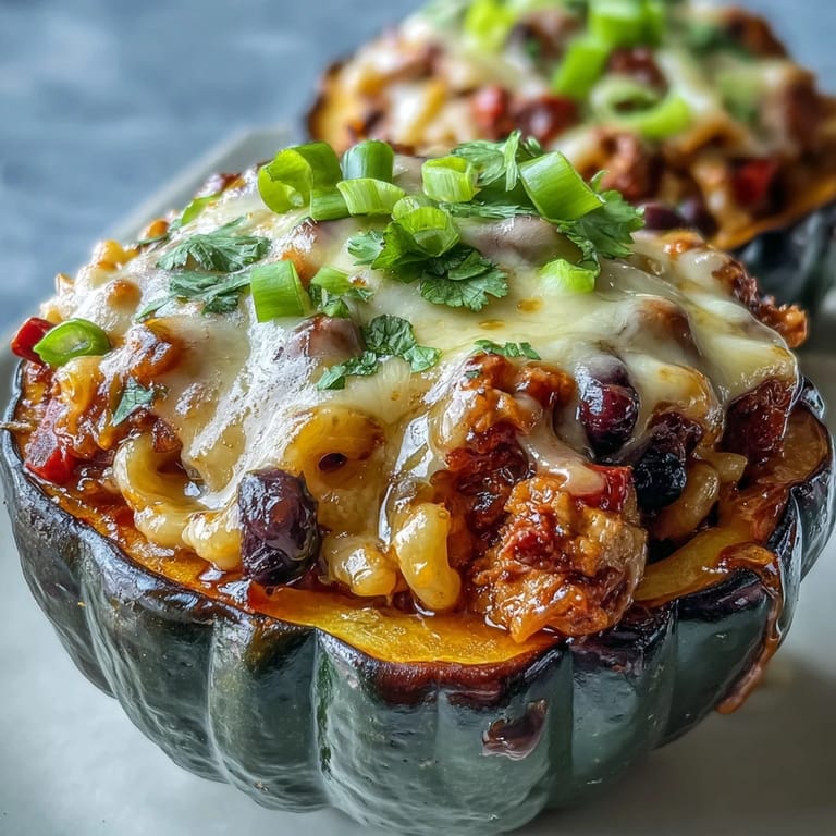 An overhead view of Hot Honey Chili Mac Stuffed Squash served on a rustic plate with a side salad.