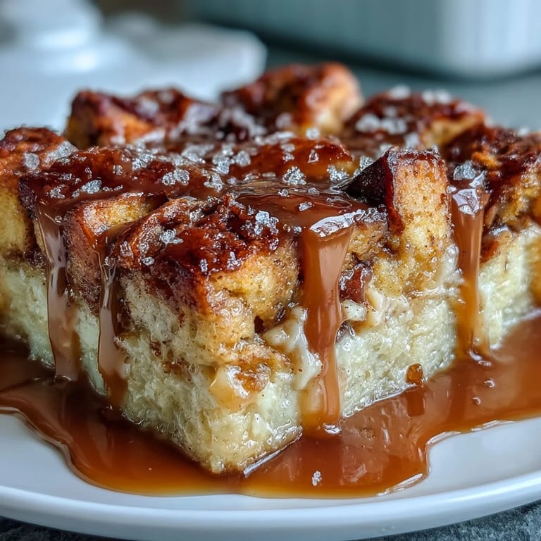 Creamy Caramel Apple Cheesecake Bread Pudding slice topped with tender apple chunks on a rustic wooden board.