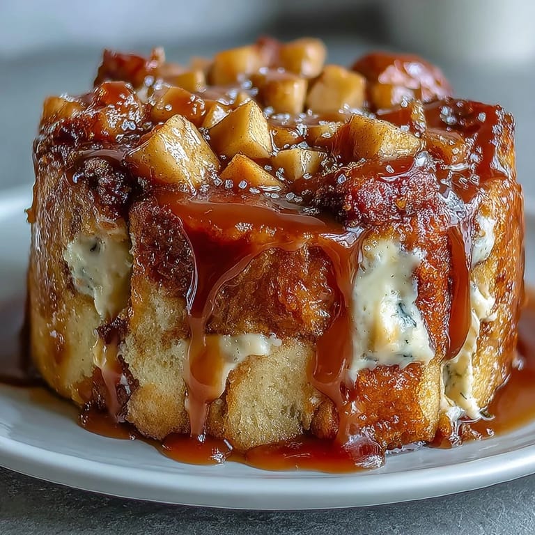 Decadent Caramel Apple Cheesecake Bread Pudding baked in a glass dish, ready to be served with vanilla ice cream.