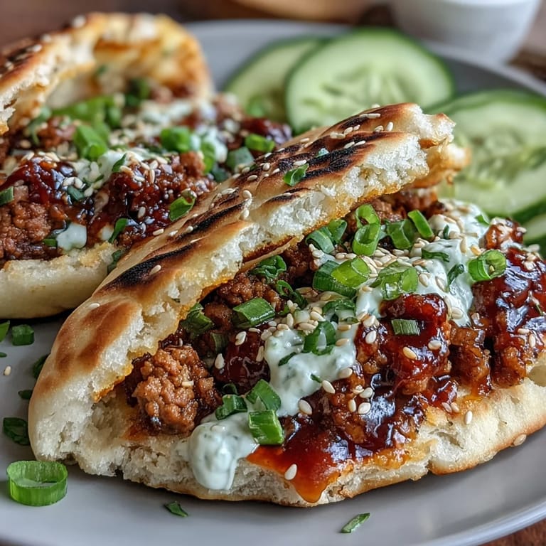 Handheld Korean Turkey Stuffed Naan Pockets displayed on a plate with carrots, cilantro, and sesame seeds.