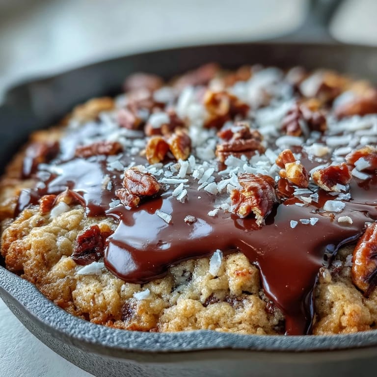 Gooey Chunky Monkey Oatmeal Cookie Skillet in a cast-iron pan, featuring melted chocolate chips and ripe bananas.