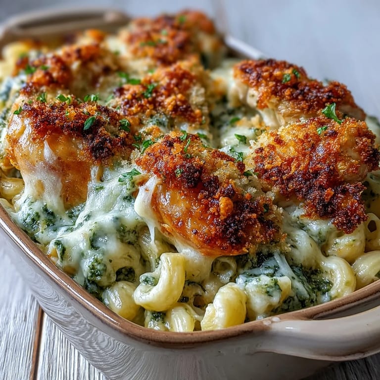 Juicy pesto chicken pieces and creamy elbow macaroni nestled in a rich, bubbling three-cheese sauce.