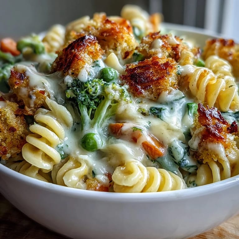A steaming bowl of Creamy Veggie Pot Pie Pasta garnished with fresh parsley and a spoon.