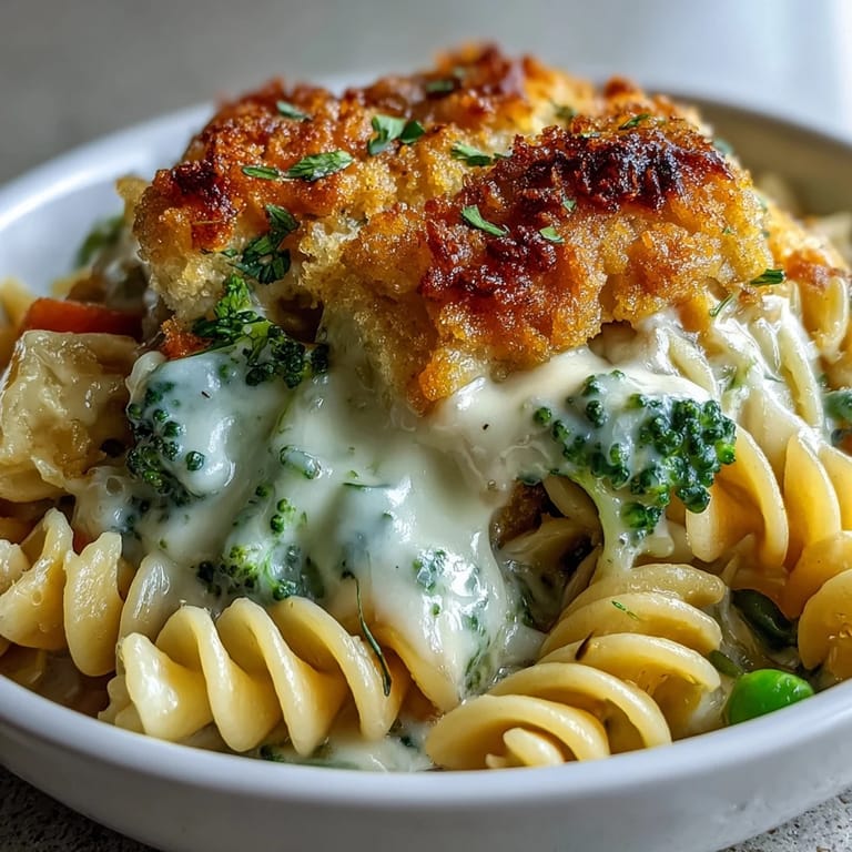 Bubbling Creamy Veggie Pot Pie Pasta served from a Dutch oven with a side salad for dinner.