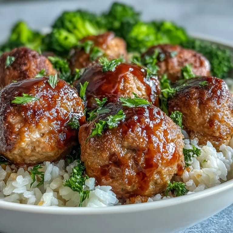Freshly baked turkey meatballs coated in sweet and savory honey garlic sauce, arranged in a white bowl with fluffy rice and vibrant green broccoli.
