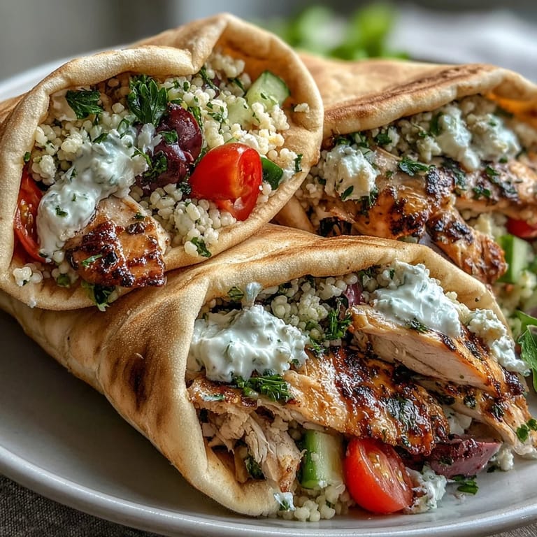 A close-up of stuffed pitas revealing fluffy couscous, crumbled feta cheese, and fresh herbs ready to eat.