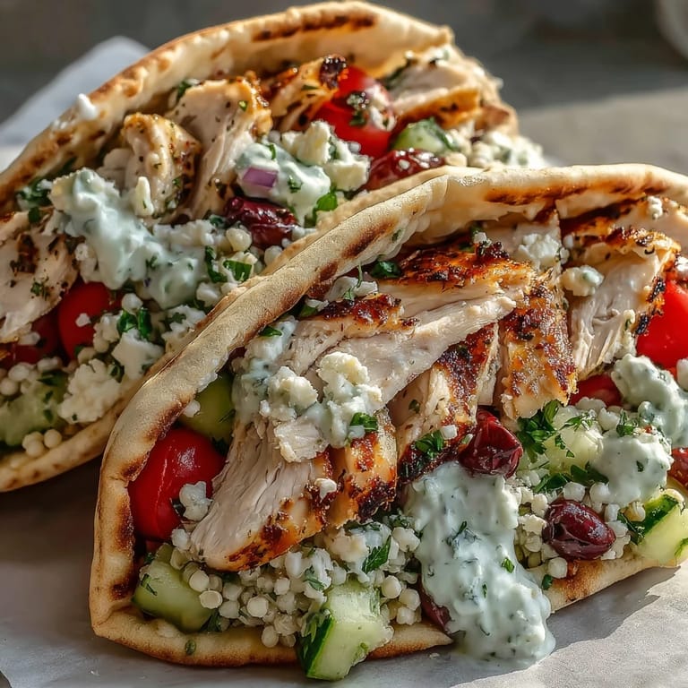 Golden pita halves cradling tender chicken, creamy tzatziki, and colorful Mediterranean vegetables on a rustic plate.