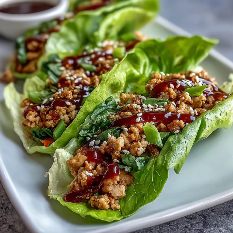 Light and healthy lettuce wraps filled with lean ground chicken, crunchy vegetables, and hoisin sauce for an Asian-inspired meal.