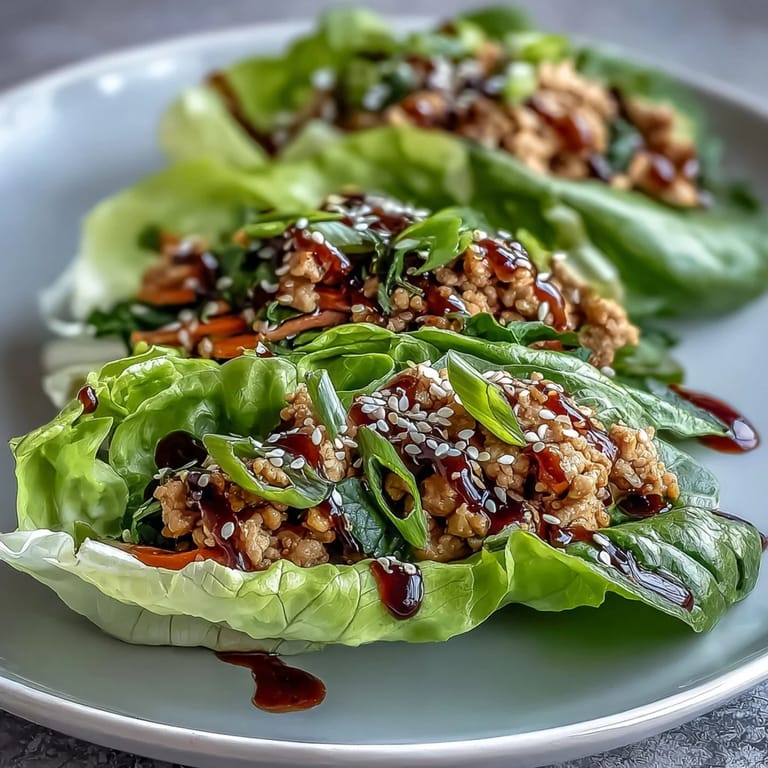 Delicious low-carb lettuce wraps featuring ground chicken, water chestnuts, and hoisin sauce, garnished with sesame seeds for added texture.