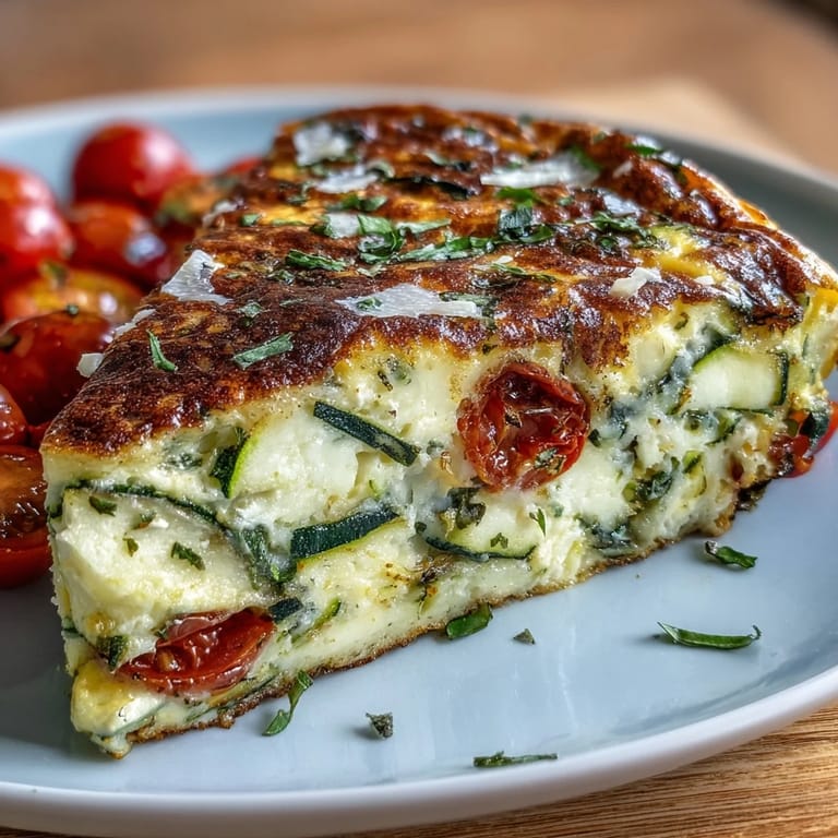 Golden zucchini and juicy tomatoes baked into a savory egg frittata, ideal for weight loss and easy entertaining.  