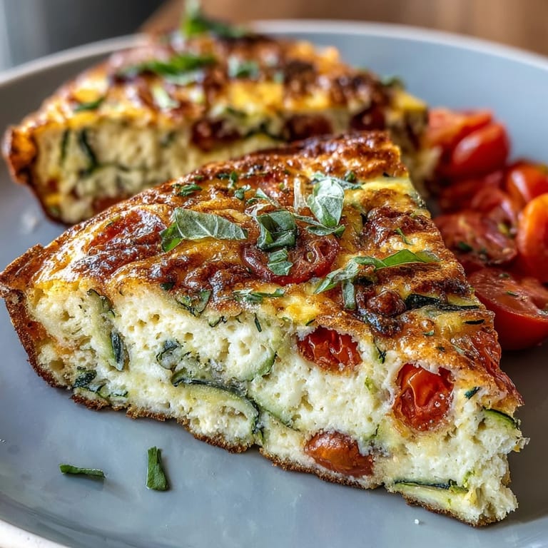 Fresh vegetable frittata featuring zucchini, tomatoes, and basil—an Italian-inspired, low-calorie meal for any time of day.