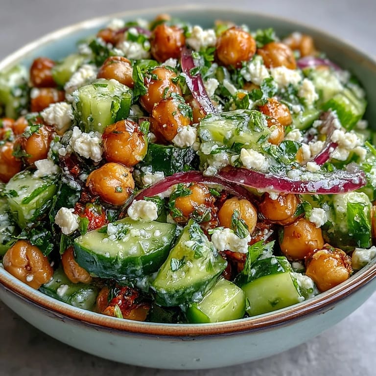Crisp cucumbers, juicy tomatoes, and creamy feta star in this refreshing Mediterranean Chickpea Salad with Cucumber and Feta, drizzled with lemon vinaigrette.