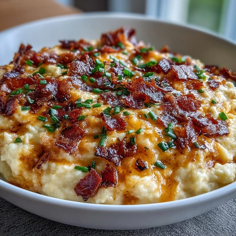 Roasted cauliflower blended with sharp cheddar, cream cheese, and crispy bacon bits for a satisfying keto-friendly mashed potato alternative.
