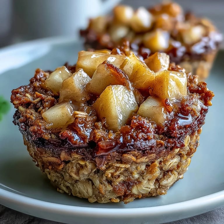 Golden baked oatmeal cups filled with juicy apples and cinnamon aroma, ideal for healthy vegan snacking on the go.