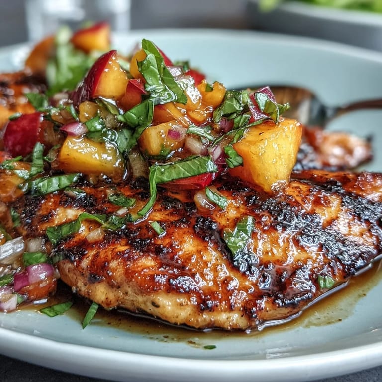 A healthy weeknight dinner of smoky grilled chicken served with a sweet and savory peach basil salsa.