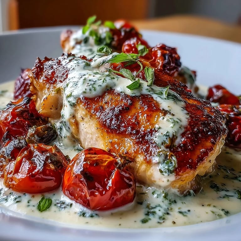 Golden-seared chicken breasts smothered in rich basil pesto cream sauce, topped with sweet roasted cherry tomatoes.