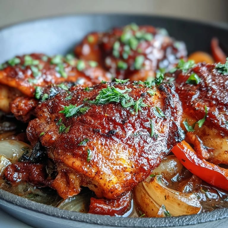 Golden-brown paprika chicken with roasted bell peppers and onions, garnished with fresh parsley and lemon wedges.