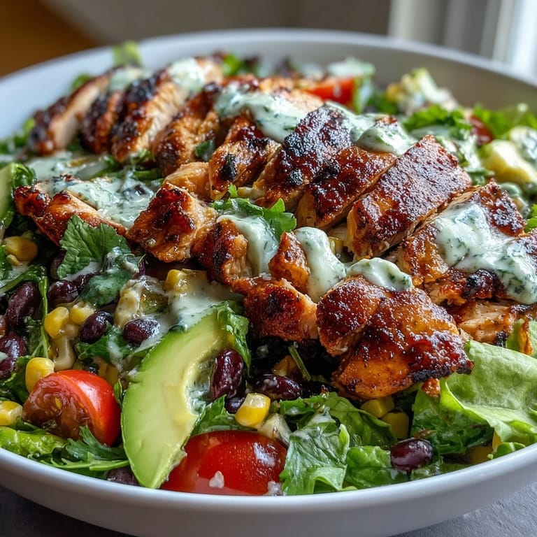 Colorful Southwest Chicken Power Salad with Black Beans and Corn, showcasing juicy grilled chicken, crunchy vegetables, and creamy avocado on a bed of mixed greens.