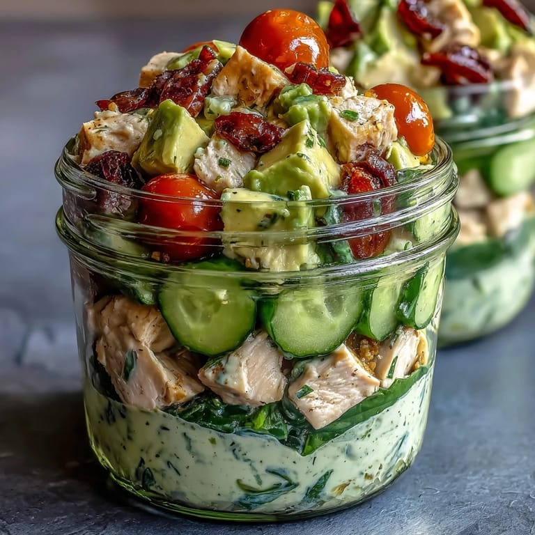 Creamy avocado and tender chicken combine with crisp veggies in a zesty lime dressing, perfect for quick, healthy lunches.  
