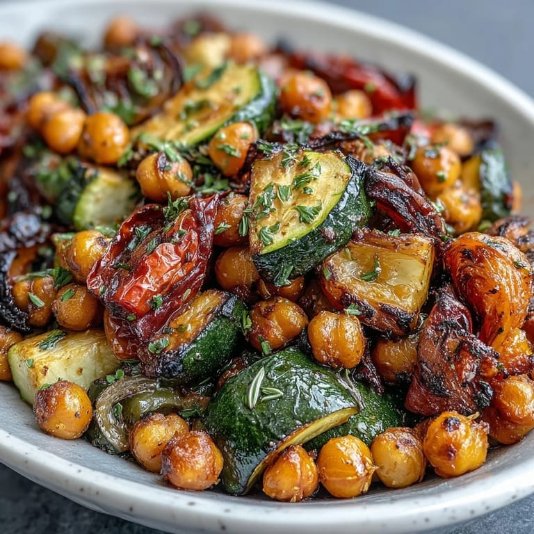 Golden Lemon Garlic Roasted Vegetable Medley featuring zucchini, bell peppers, and chickpeas, seasoned with fresh herbs and served warm for a light yet satisfying meal.