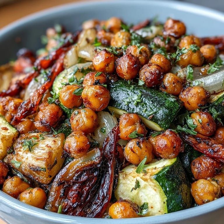 A colorful mix of seasonal vegetables and chickpeas tossed with lemon, garlic, and herbs, then oven-roasted until tender and aromatic for a healthy vegan side.