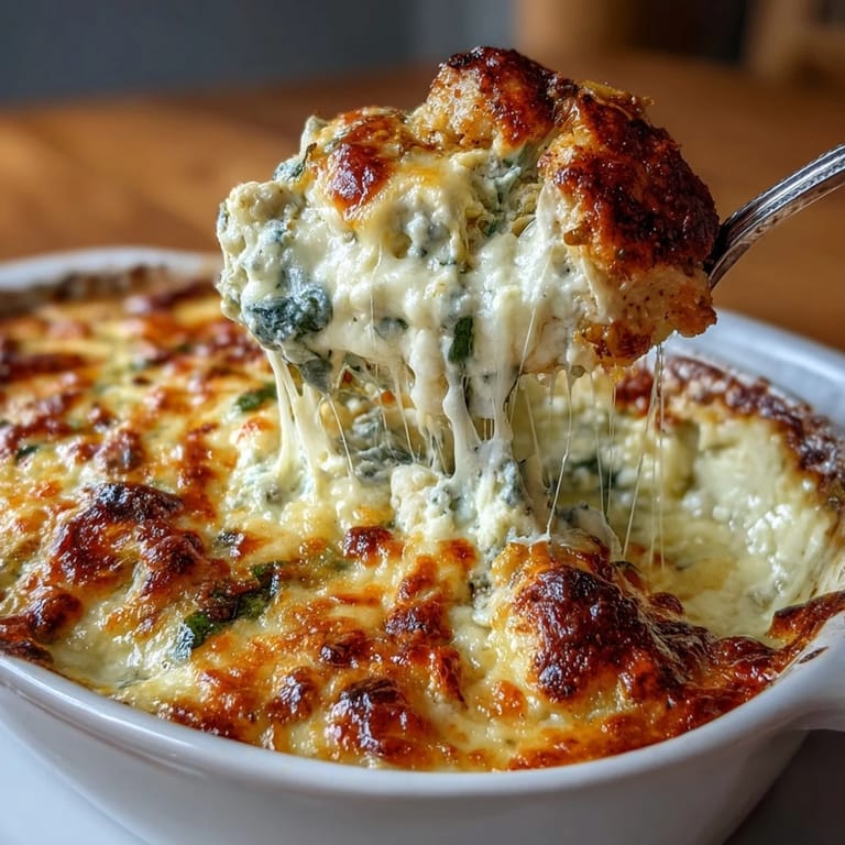 Rich and cheesy Keto Spinach Artichoke Chicken Bake served hot from the oven.