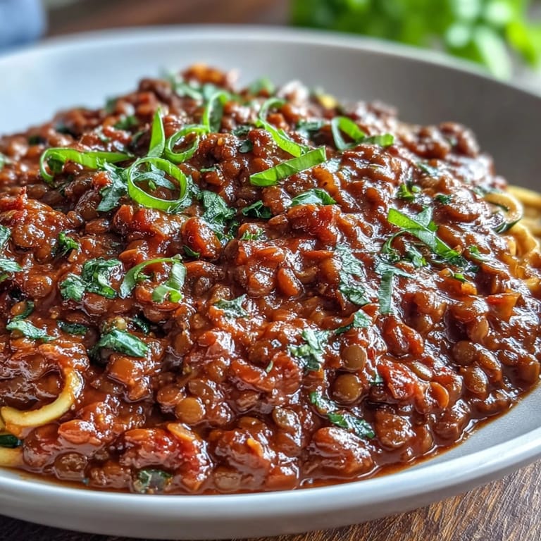 Hearty plant-based lentil Bolognese with spiralized zucchini and carrots, vibrant vegetables in a savory, protein-rich tomato sauce.