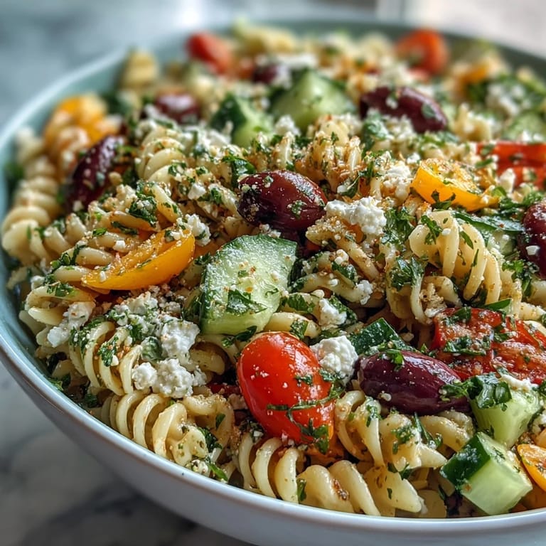 Refreshing Mediterranean pasta salad featuring al dente whole grain fusilli, creamy light feta, briny olives, and a zesty lemon-olive oil dressing, perfect for healthy summer meals.
