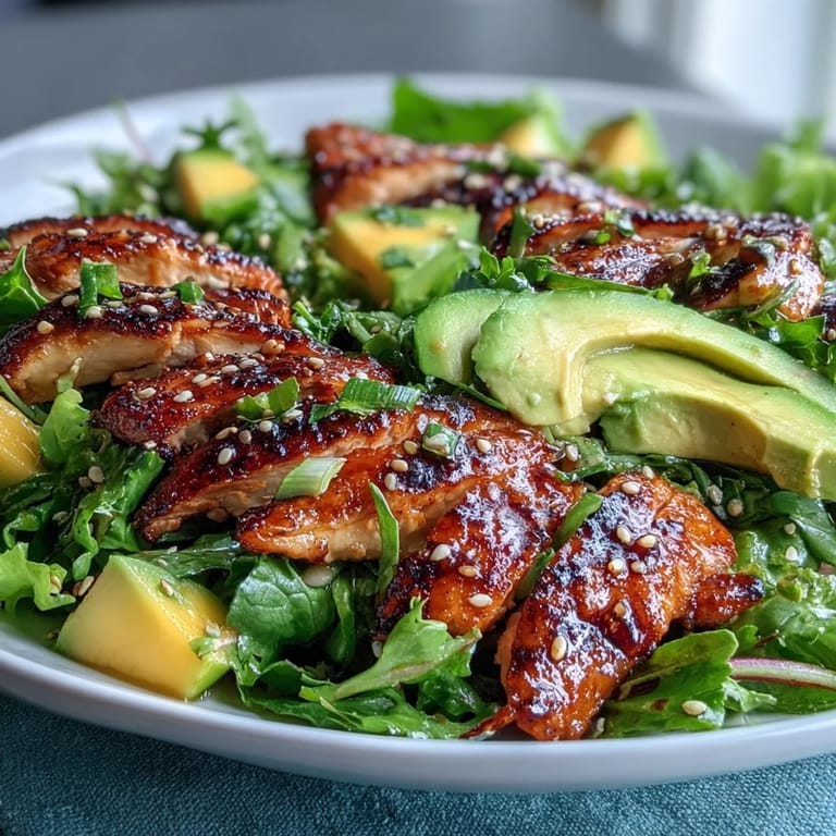 Juicy grilled chicken marinated in green tea and mango served over crisp salad greens with colorful vegetables and sesame seed garnish.