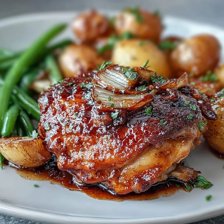 Easy honey garlic chicken sheet pan meal with caramelized potatoes and vibrant green beans, perfect for busy weeknights.