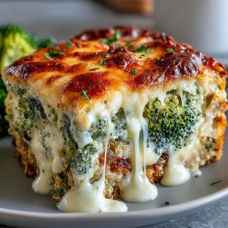Wholesome quinoa casserole loaded with shredded chicken, steamed broccoli, and melted cheese for a comforting, gluten-free family dinner.