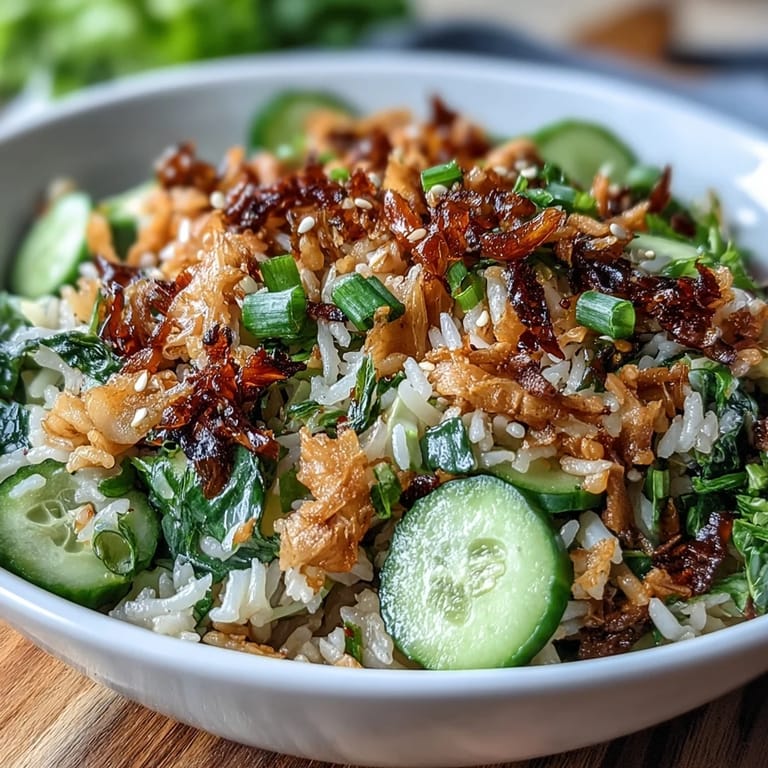 Golden, oven-baked crispy rice mixed with cabbage, peppers, and cucumber in a nutty sesame-peanut dressing.  