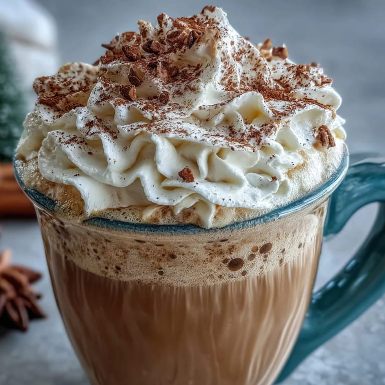 Creamy Christmas Chai Latte with aromatic spices, steamed milk, and a swirl of sweet whipped cream, evoking festive winter cheer.