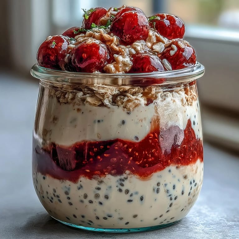 Vibrant overnight oats with sweet raspberries and chia seeds, a nutritious and satisfying start to the day.