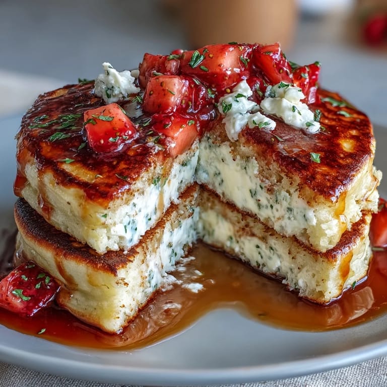 Golden-brown protein pancakes made with cottage cheese and fresh strawberries, perfect for a healthy, high-protein breakfast.