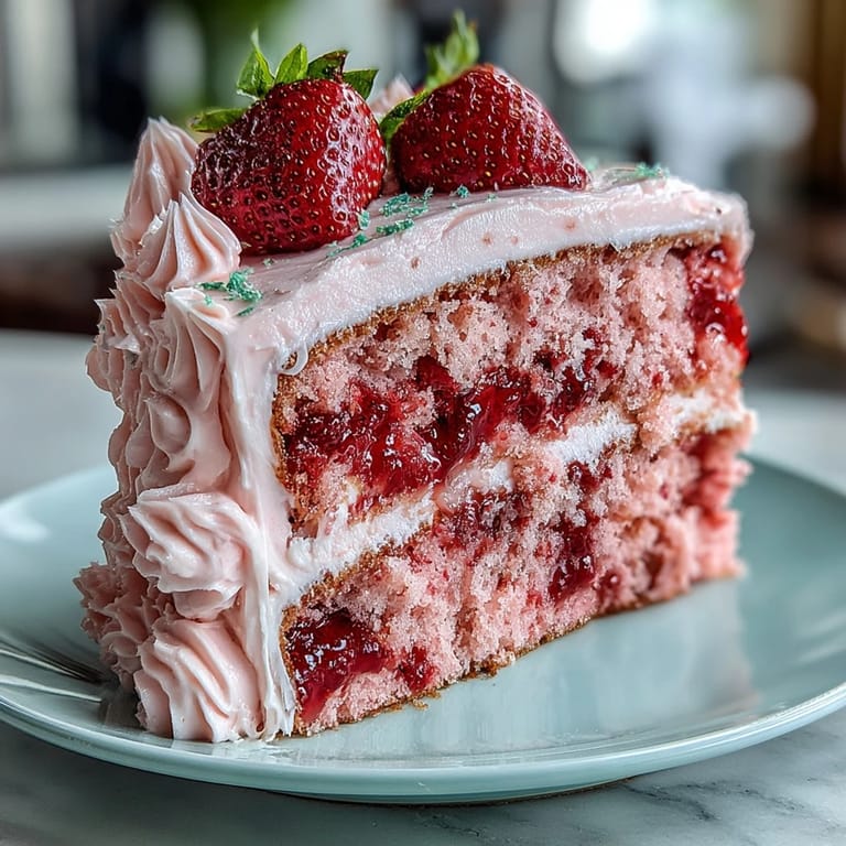 Layered strawberry lemonade cake topped with pink frosting and fresh strawberry slices, ideal for festive gatherings.