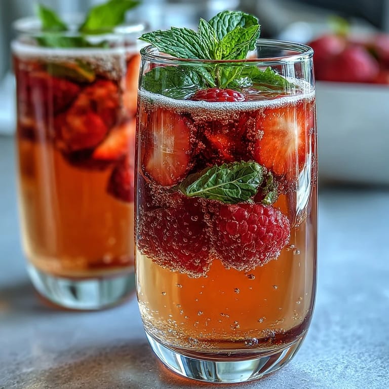 Guests enjoy customizing their own strawberry bellinis at a beautifully arranged DIY cocktail station with fresh fruit and mint garnishes.
