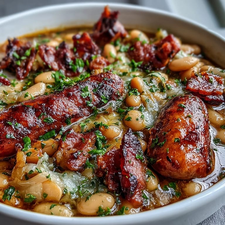 Close-up of homemade ham and white bean cassoulet, golden crust and rich, aromatic sauce spooned onto a plate.