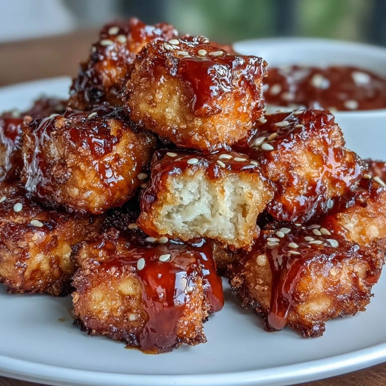 Air-fried tofu bites tossed in tangy sweet chili glaze, perfect as a vegan appetizer or snack.  