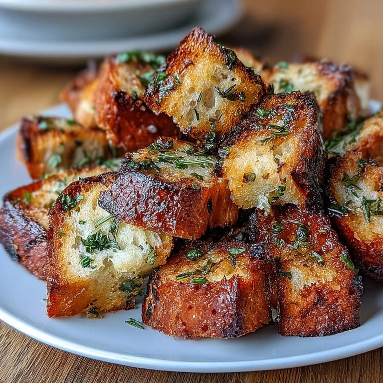 Fragrant garlic and herb sourdough croutons, air-fried to golden perfection for a crunchy, savory snack or side dish.