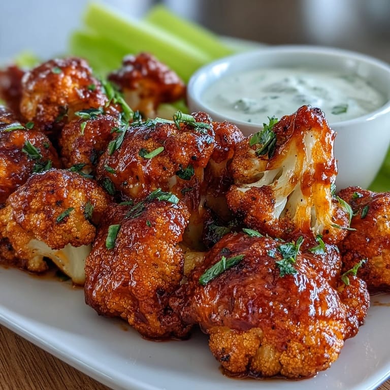 Spicy, plant-based cauliflower wings coated in rich Buffalo sauce, served hot and crunchy straight from the air fryer.