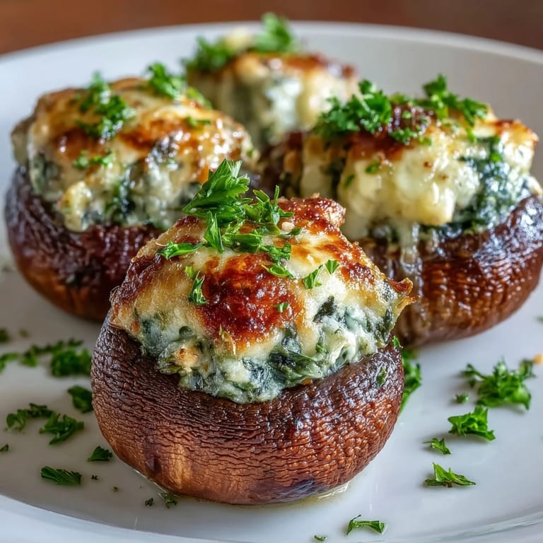 Crispy air fryer stuffed mushrooms loaded with creamy spinach and cheese filling, perfect as an easy appetizer. Tender mushrooms baked until golden, topped with Parmesan and fresh herbs. Savory vegetarian bites featuring spinach, garlic, and cream cheese, ideal for parties or snacks.
